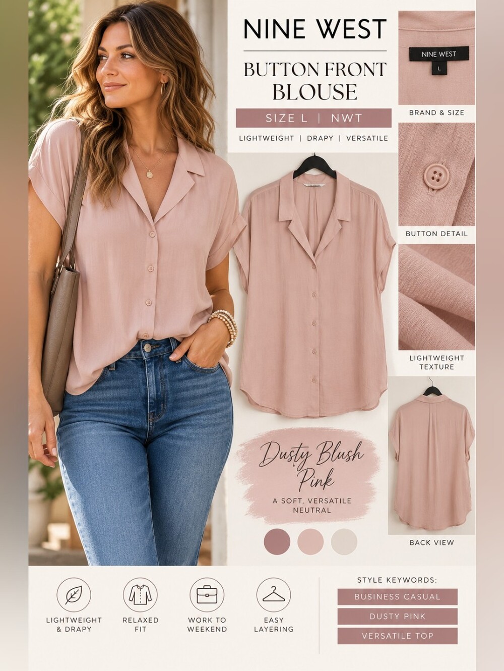 NWT Nine West Dusty Blush Pink Button Front Blouse Size L